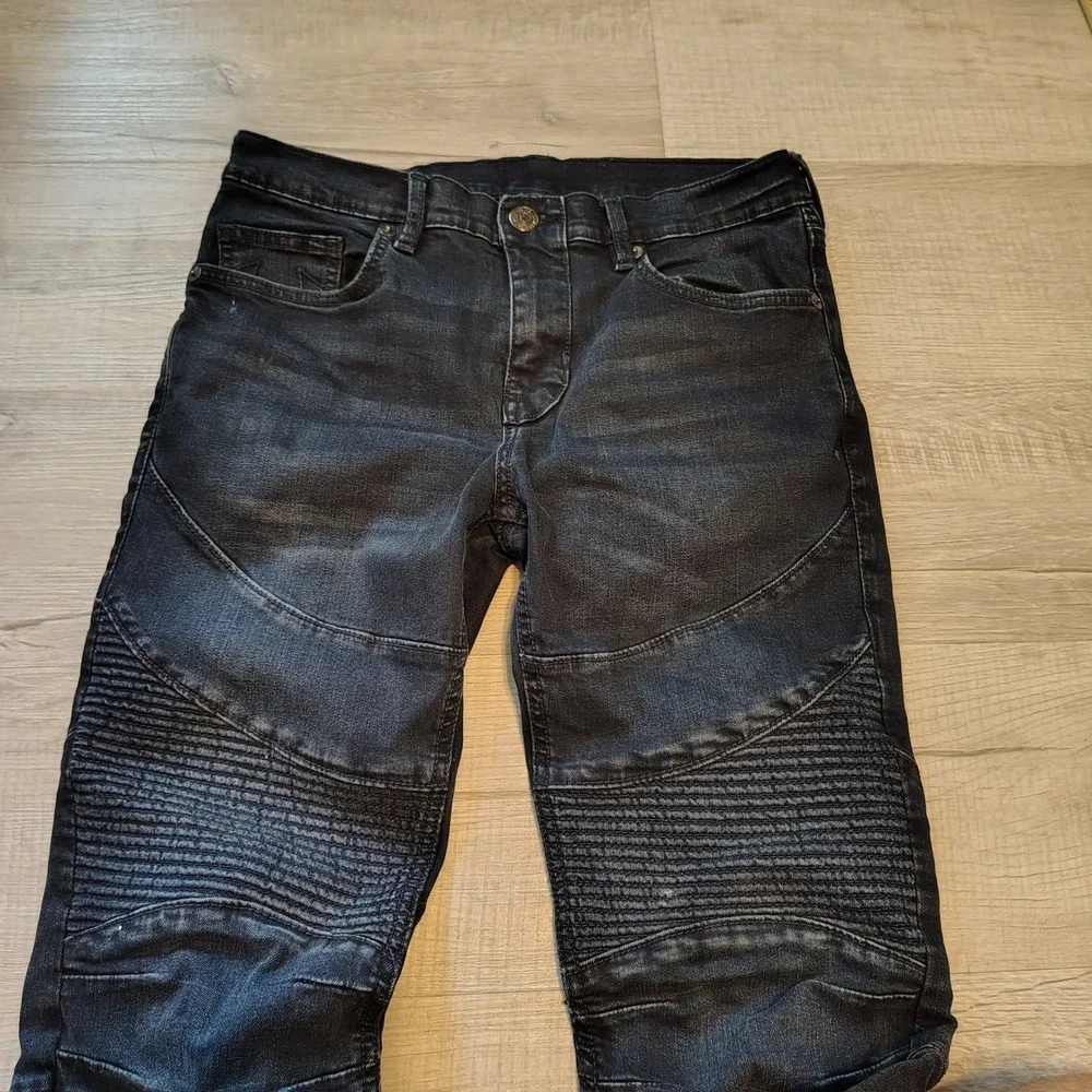 True Religion Rocco Relaxed Skinny Moto Jeans Black Ribbed Knee Mens 31